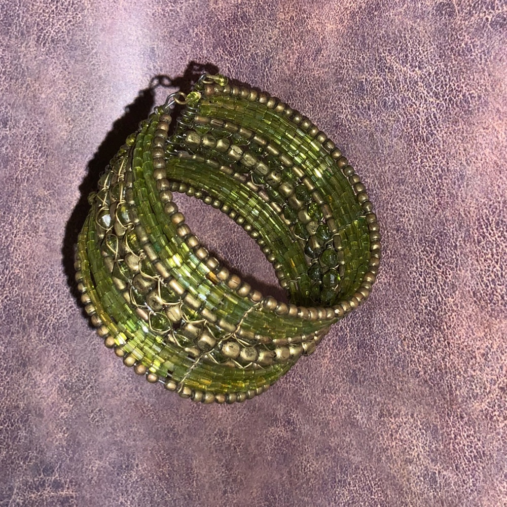 Green & Gold Bronze Vintage Beaded Bangle Bracelet